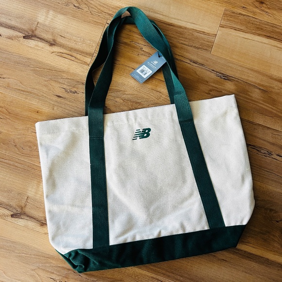 New Balance Classic Canvas Tote Bag White & Green Cotton Everyday Carry - Picture 6 of 8